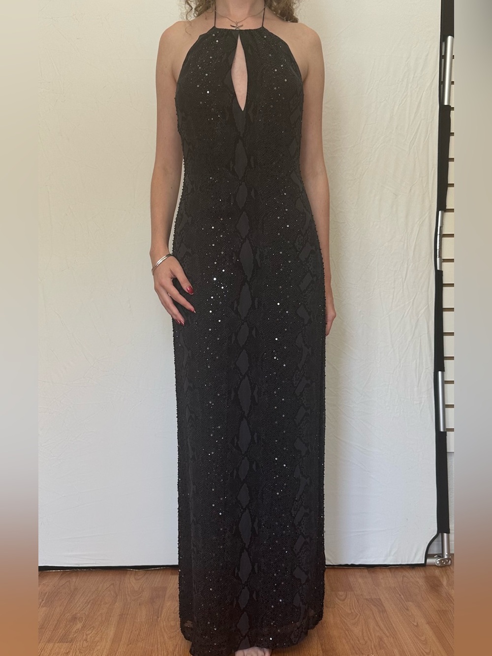Black Halter Sequin Maxi Dress with Keyhole
